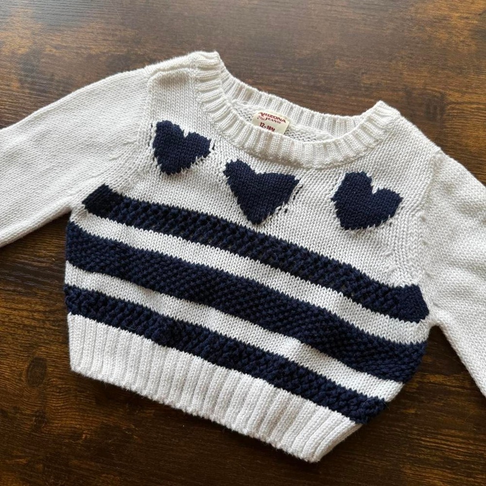 Arizona Jeans Heart Knit Sweater Cream Navy Striped Kids 12-18M
